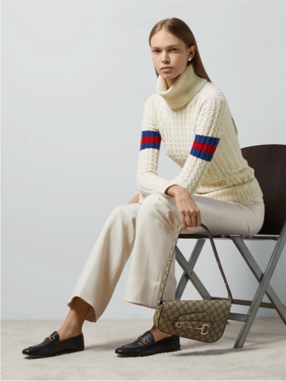 Gucci Cream Cable-Knit Turtleneck Sweater w Blue/Red Sleeve Stripes New w tag!